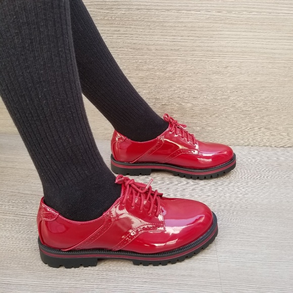 Red Vinyl Patent Leather Chunky Oxford Creepers-Q - Picture 4 of 8